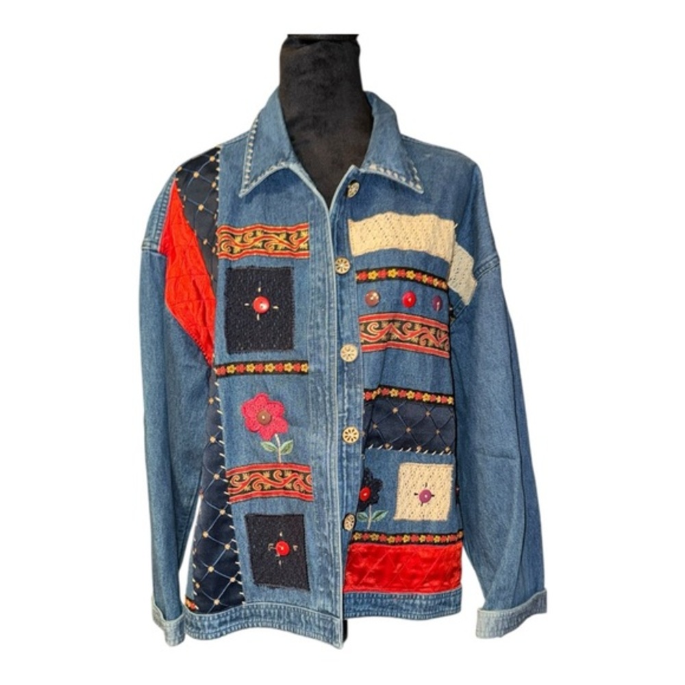 VTG 90s Denim patchwork jacket Floral button closure by New Directions size L